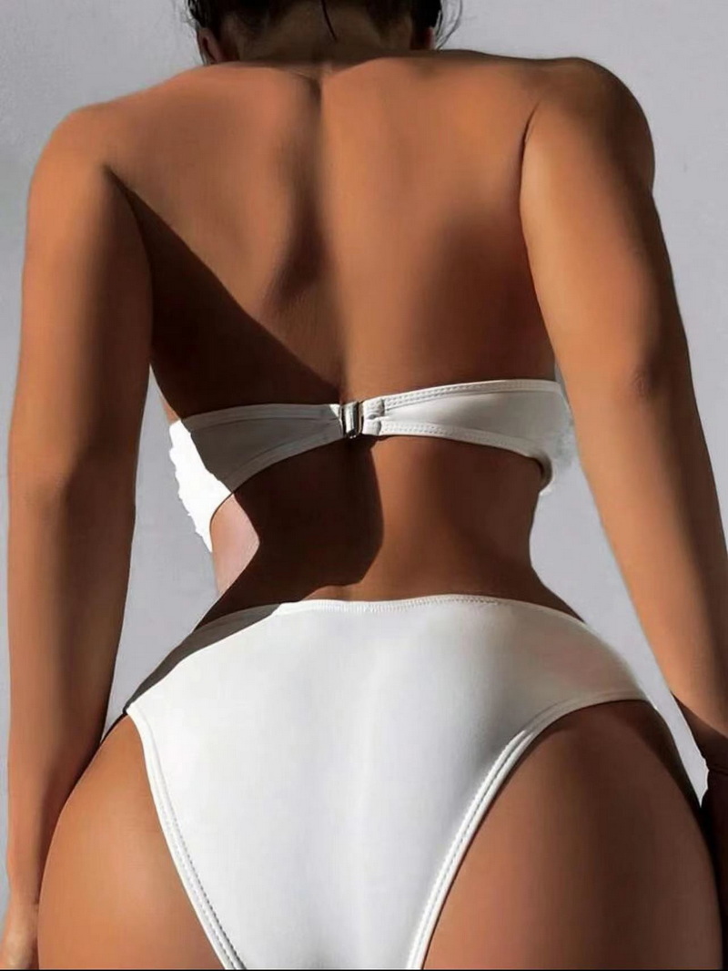 Sexy Solid Color Floral Bandeau Bikini - Women's Beach Swimwear Hot Seller