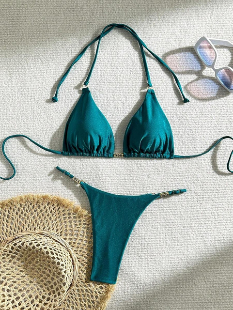 New European Solid Bikini With Metal Accents, Sexy Halter Tie Backless Swimsuit