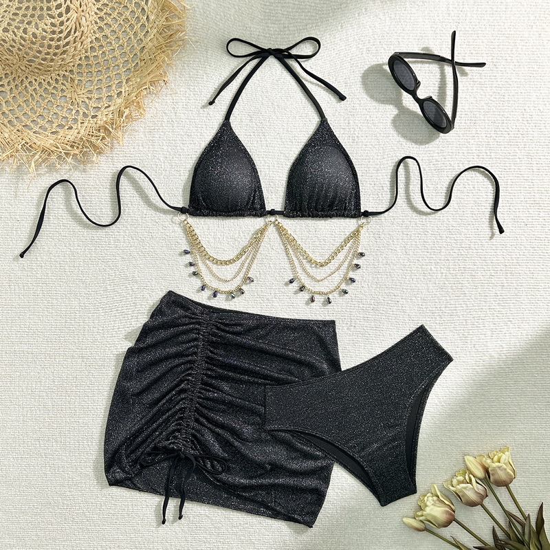 High-Waist Three-Piece Bikini Set - Tie-Up Drawstring Chain Detail_09