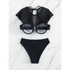 2025 Black Mesh Short Sleeve Cut-Out Two-Piece Bikini Set In Stock