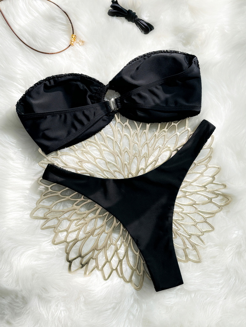 Custom Solid Bandeau Bikini With Underwire And High Slit Design_13