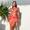 2025 Retro Print Mesh Tie Three-Piece Bikini Set European Style