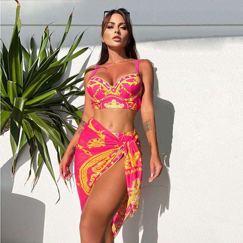 2025 Retro Print Mesh Tie Three-Piece Bikini Set European Style
