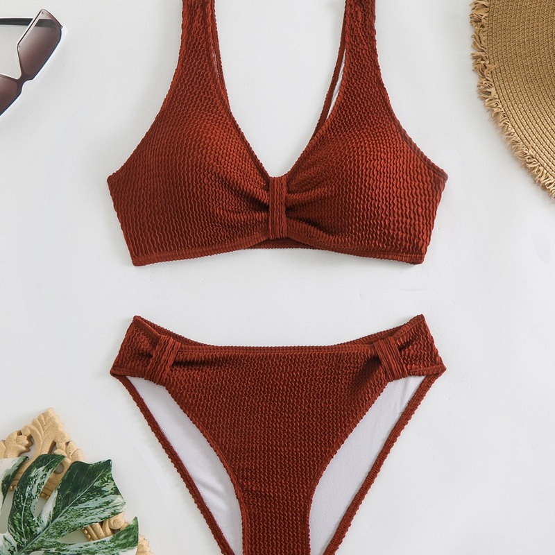 2025 Solid Ribbed Bikini Two-Piece Swimsuit European Style