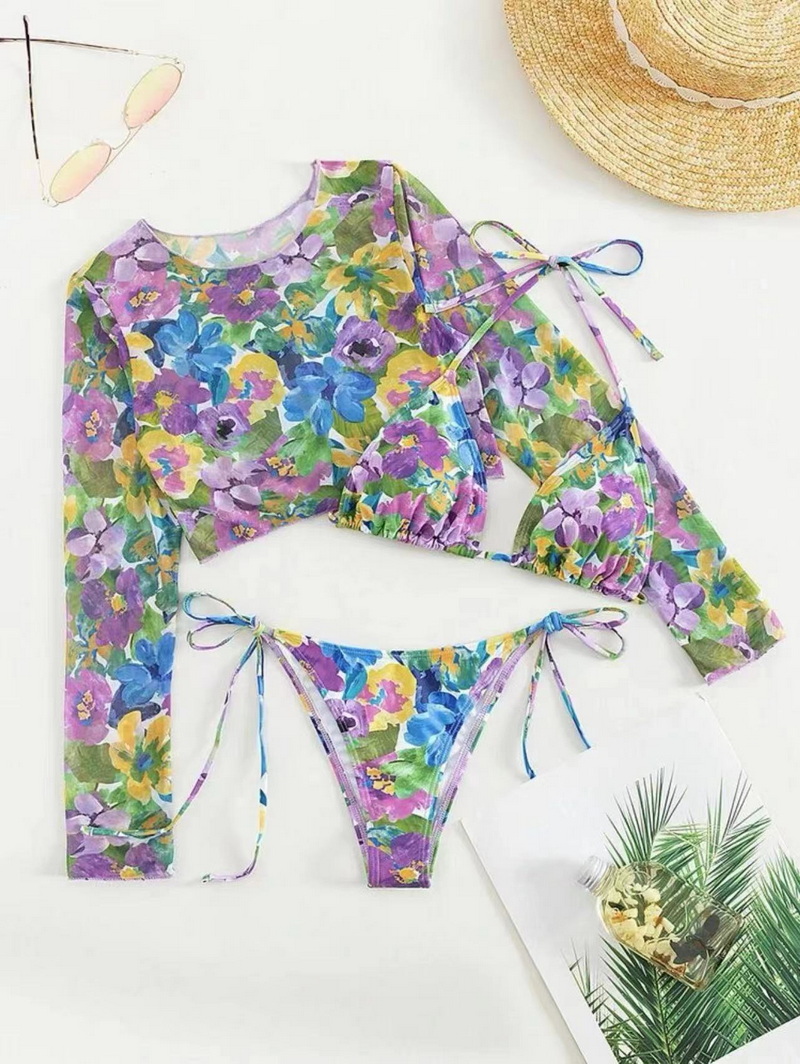 Sexy Three-Piece Long Sleeve Mesh Bikini Set - Sun Protection Beachwear