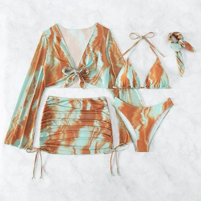 Sexy Three-Piece Long Sleeve Mesh Bikini Set - Sun Protection Beachwear_04