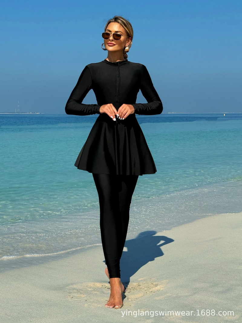 2025 New European Solid Long Sleeve One-Piece Swimsuit With Mesh Skirt Diving Style