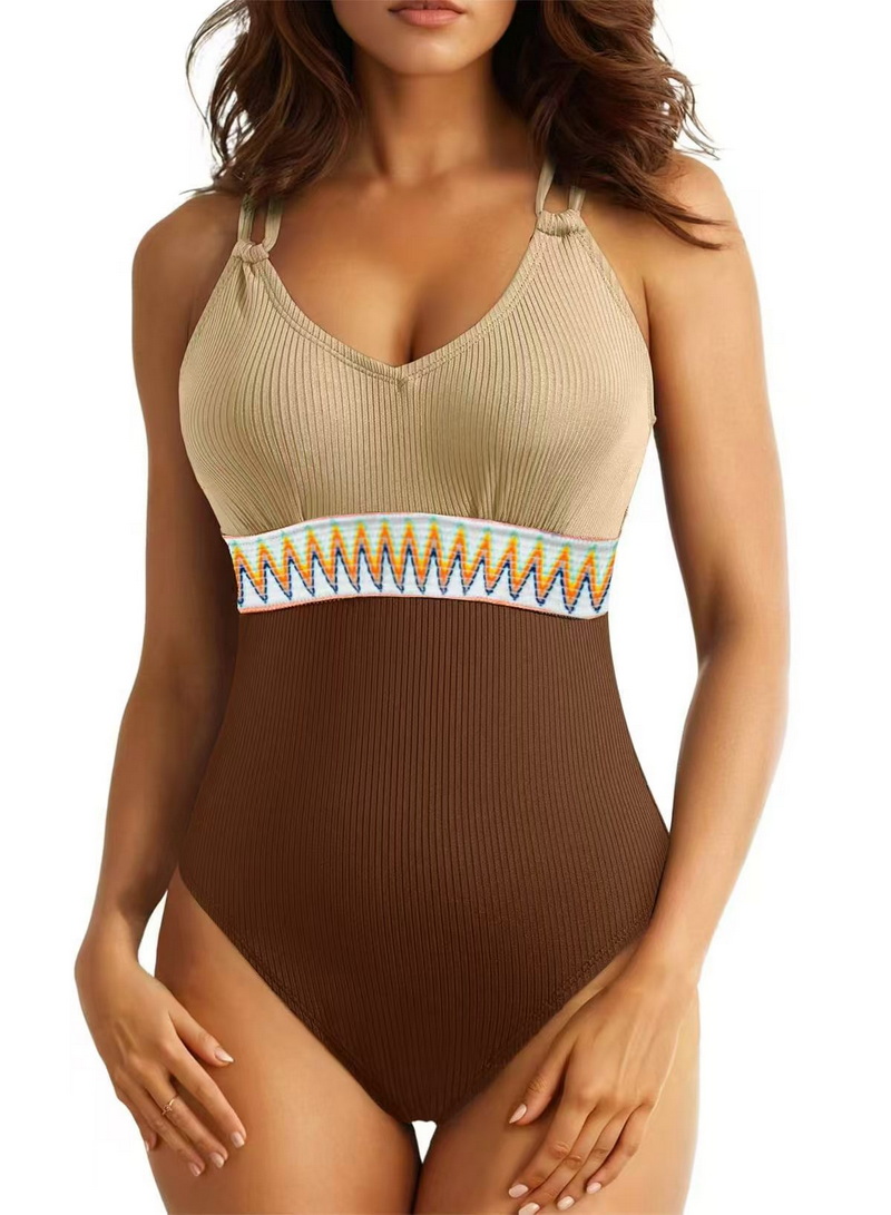 2025 One-Piece Swimsuit With Panel Straps And Ribbed Fabric In Solid Color European Style_07