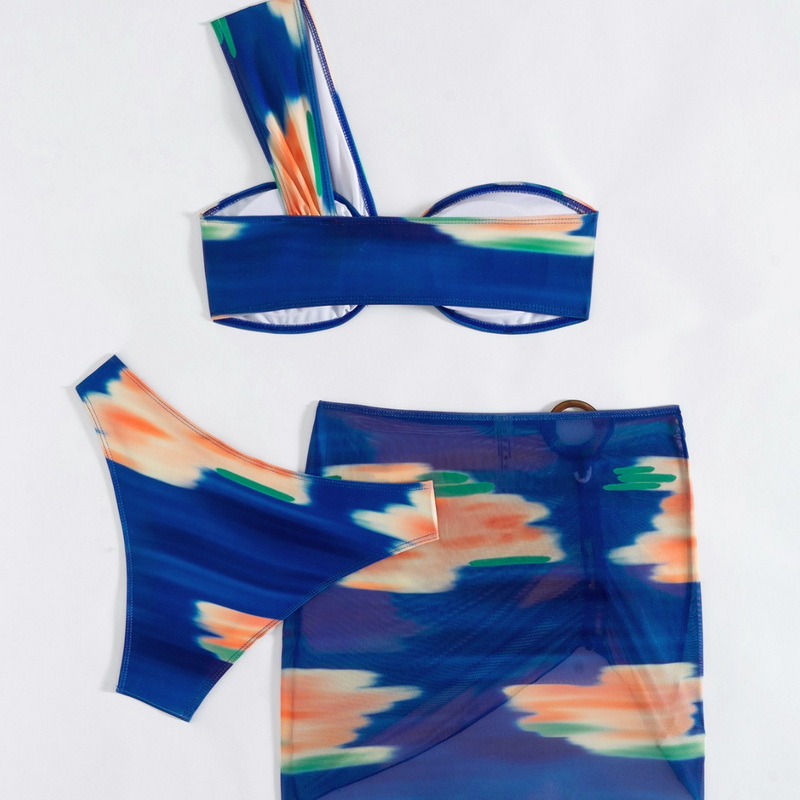 Custom 2025 New Print Mesh Skirt Bikini Set With Sexy One-Shoulder Bandeau Design_04