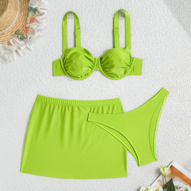 Solid Color Three-Piece Bikini Set – Hot Selling Push-Up Swimwear for Women