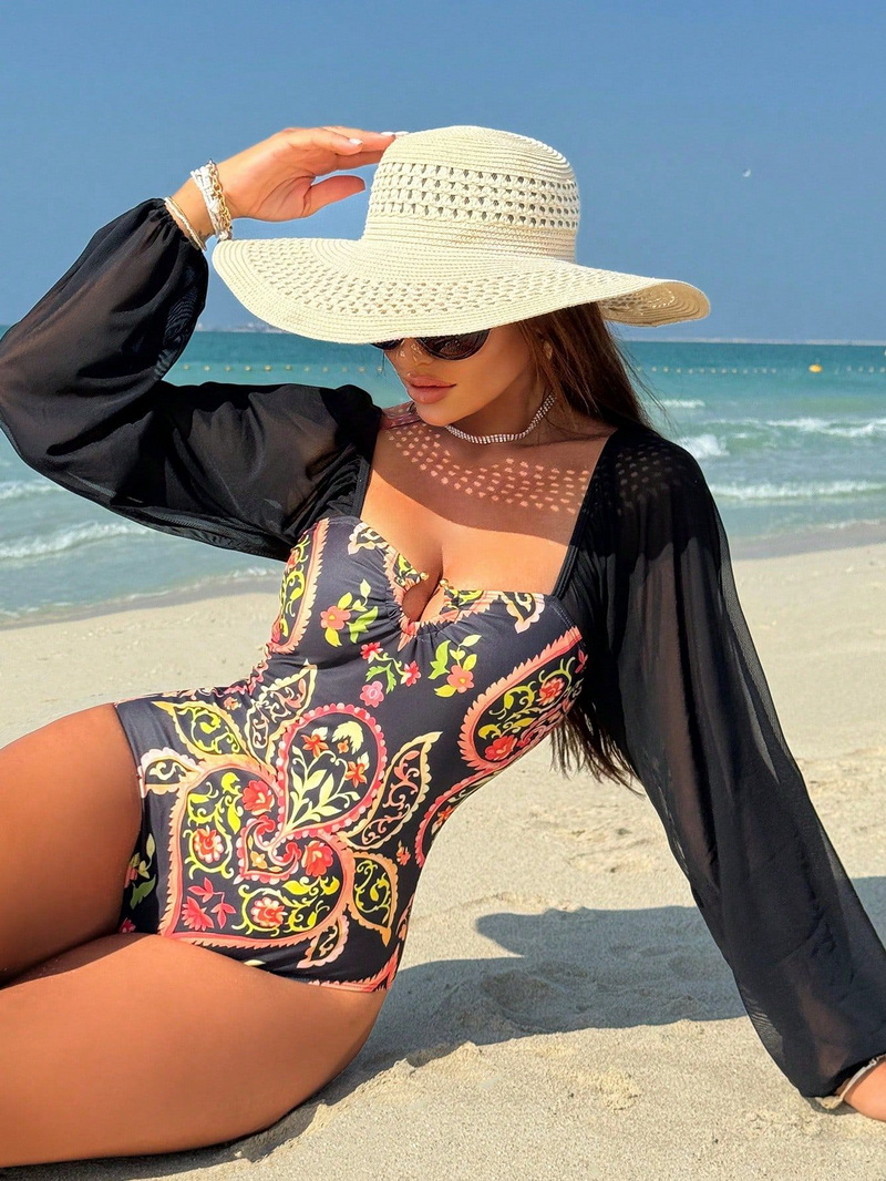 2025 New Tummy Control Long Sleeve Strapless Printed One-Piece Swimsuit for Women_01