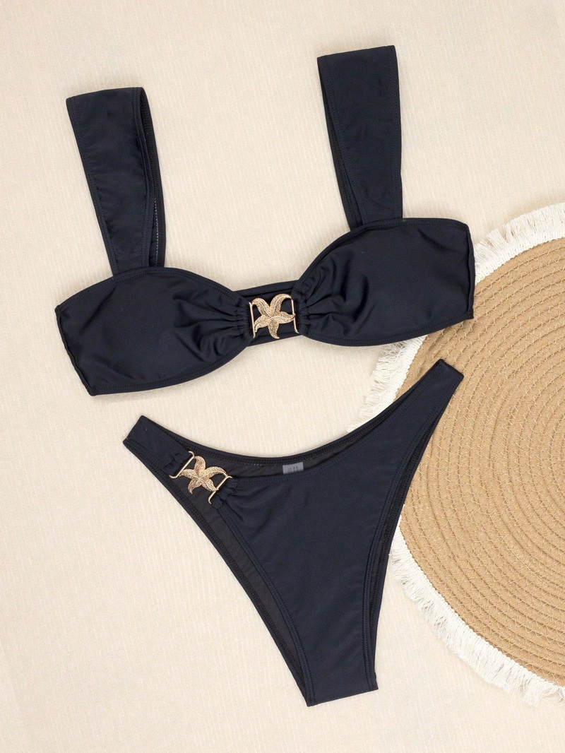 2025 New Metal Detail Two-Piece Bikini Set Solid Color Wide Strap Sexy Swimwear_05