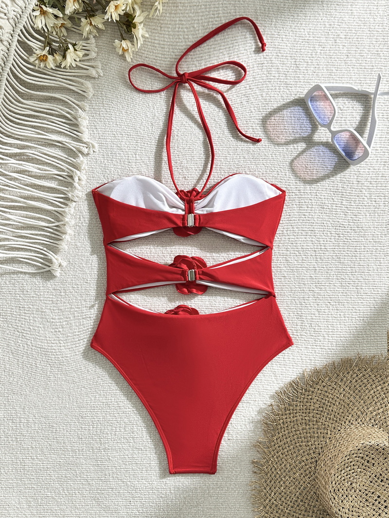 Sexy Solid Color Floral One-Piece Bikini - INS Style Beach Vacation Swimsuit