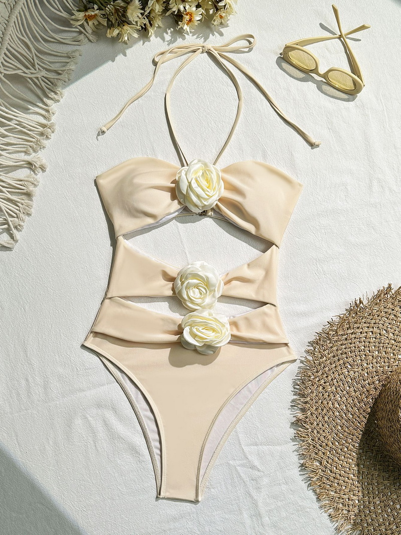 Sexy Solid Color Floral One-Piece Bikini - INS Style Beach Vacation Swimsuit