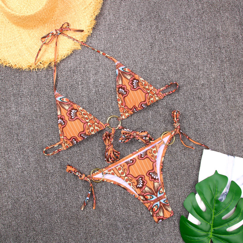 Metal Three-Ring Bikini Sexy Tie-Up Printed Two-Piece European Fashion_14