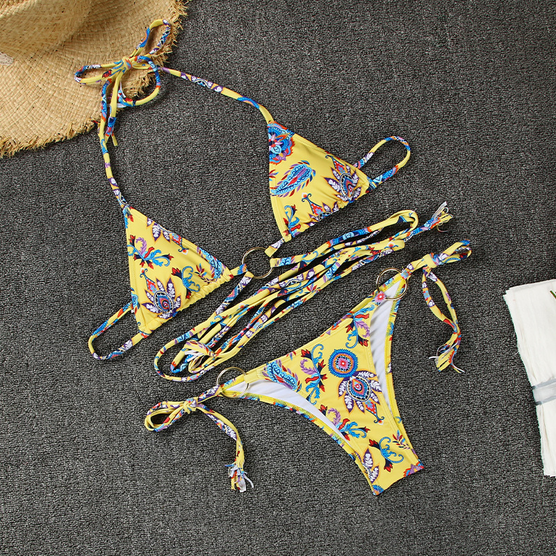 Three-Ring Tie Floral Lace Bikini Sexy Backless Two-Piece Swimsuit For Women_14