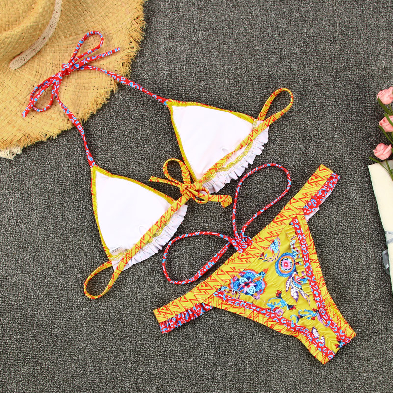 Printed Tie Two-Piece Bikini Spliced Backless Swimsuit Sexy European Style_05