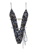 Sexy Deep V One-Piece Swimsuit For Women With Printed Tie Back Summer Style