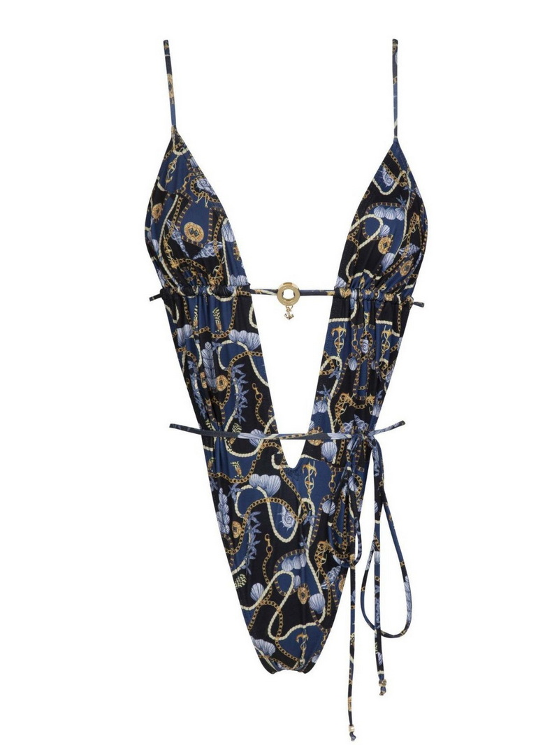 Sexy Deep V One-Piece Swimsuit For Women With Printed Tie Back Summer Style