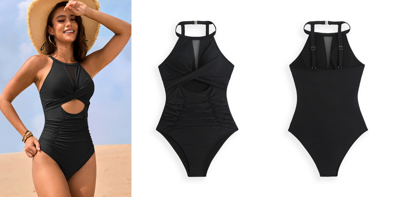2025 New Solid Mesh Patchwork Twist Cross One-Piece Swimsuit Exclusive Swimwear_18