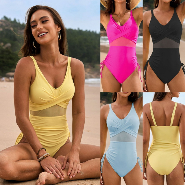 2025 New Solid Mesh Ruched One-Piece Swimsuit Hot-Selling Swimwear