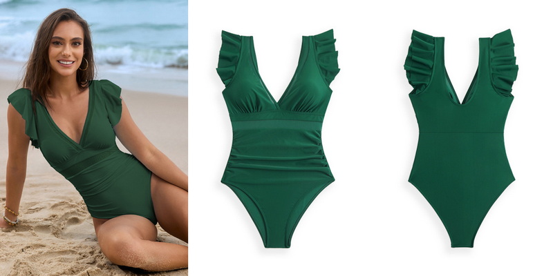 2025 New Mesh Stitching Solid Ruffle One-Piece Swimsuit Swimsuit Design_19