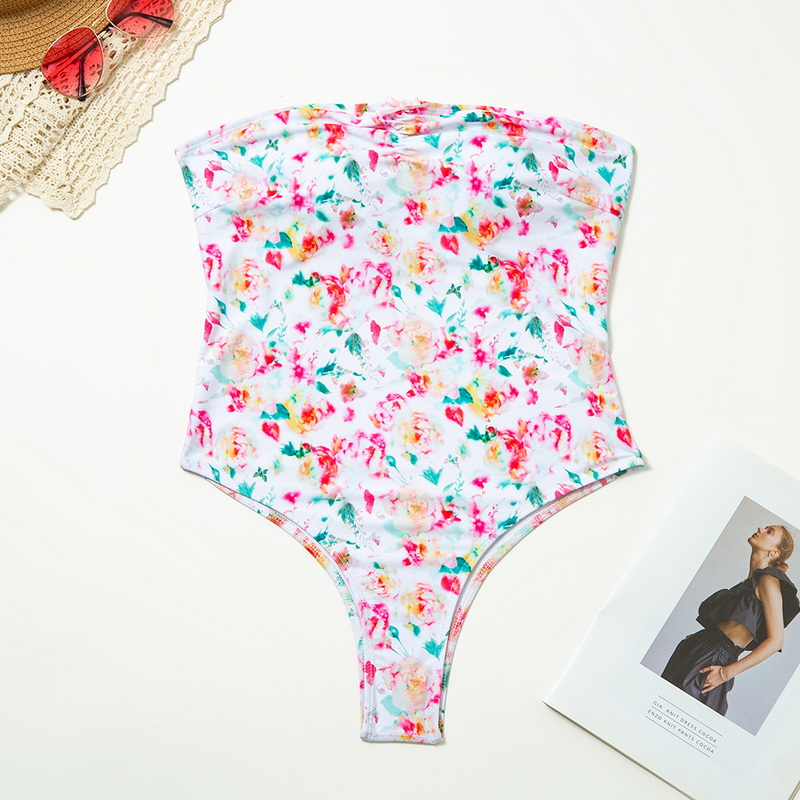 Strapless Floral Bow One-Piece Swimsuit Sexy Bodycon Design For Women_09