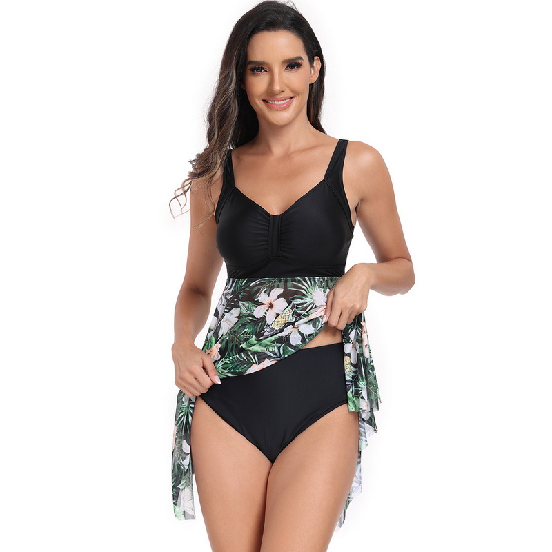 New European Two-Piece Swimsuit - Tummy-Control Plus Size Floral Skirt Swimwear_14