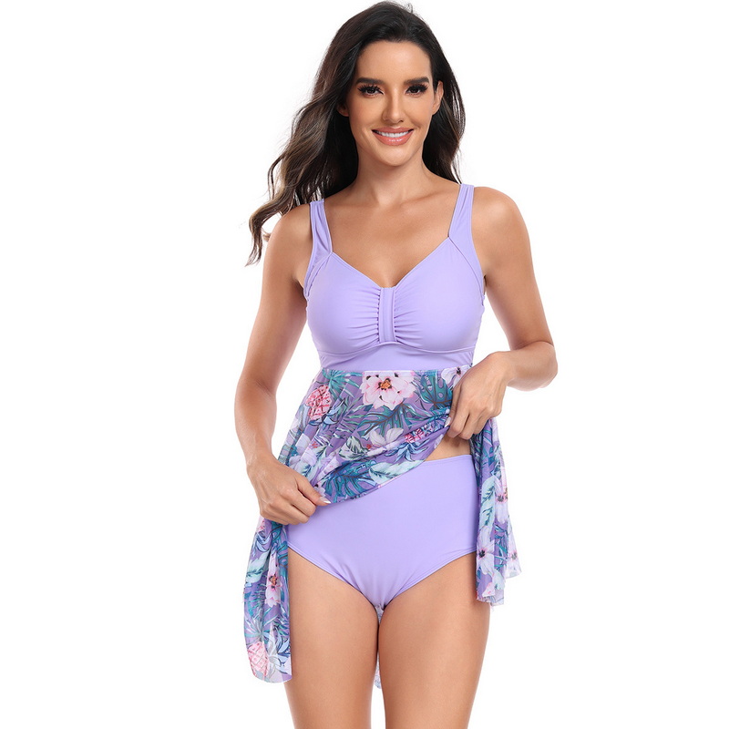 New European Two-Piece Swimsuit - Tummy-Control Plus Size Floral Skirt Swimwear