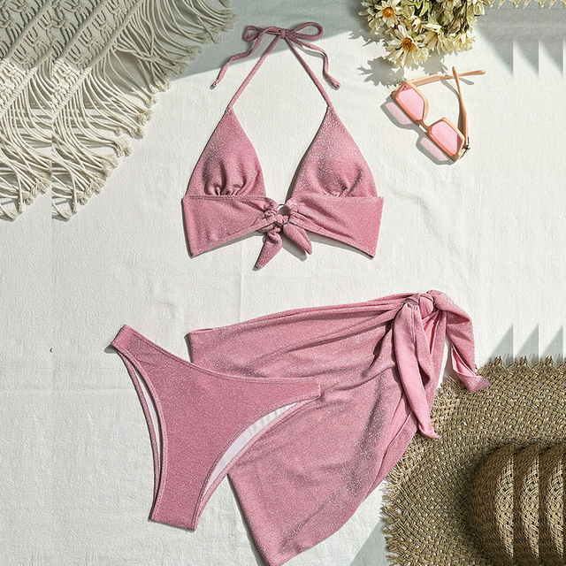 New Sexy Three-Piece Bikini Set - Solid Color Tie Beachwear for Vacation and Hot Springs