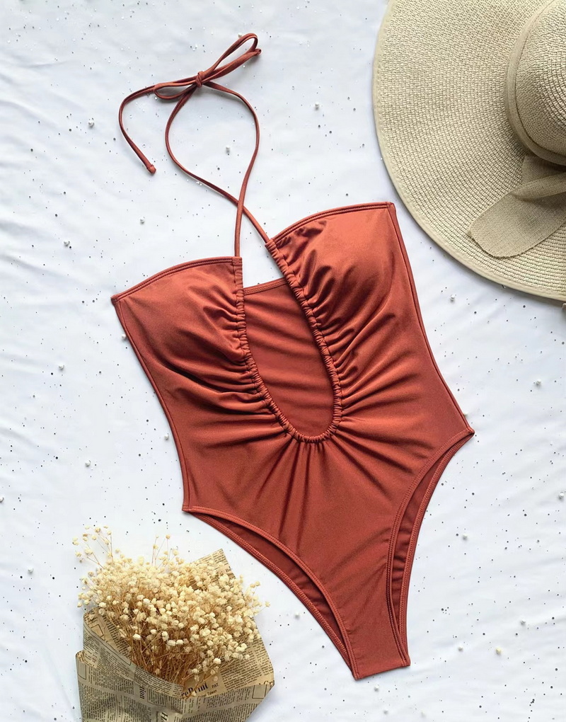 2025 New Western Style One-Piece Swimsuit &ndash; Solid Color Cutout Cross Front Halter Swimwear_05