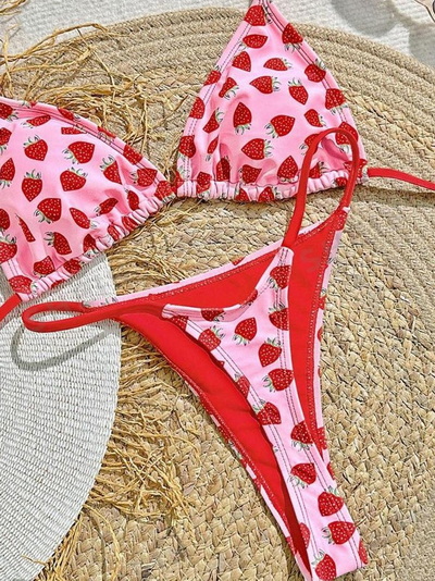 New Western Style Bikini – Strawberry Print Triangle Backless Swimwear for a Slimming Look
