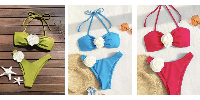 Sexy Solid Color Floral Bandeau Halter Bikini - Two-Way Wear Design_12