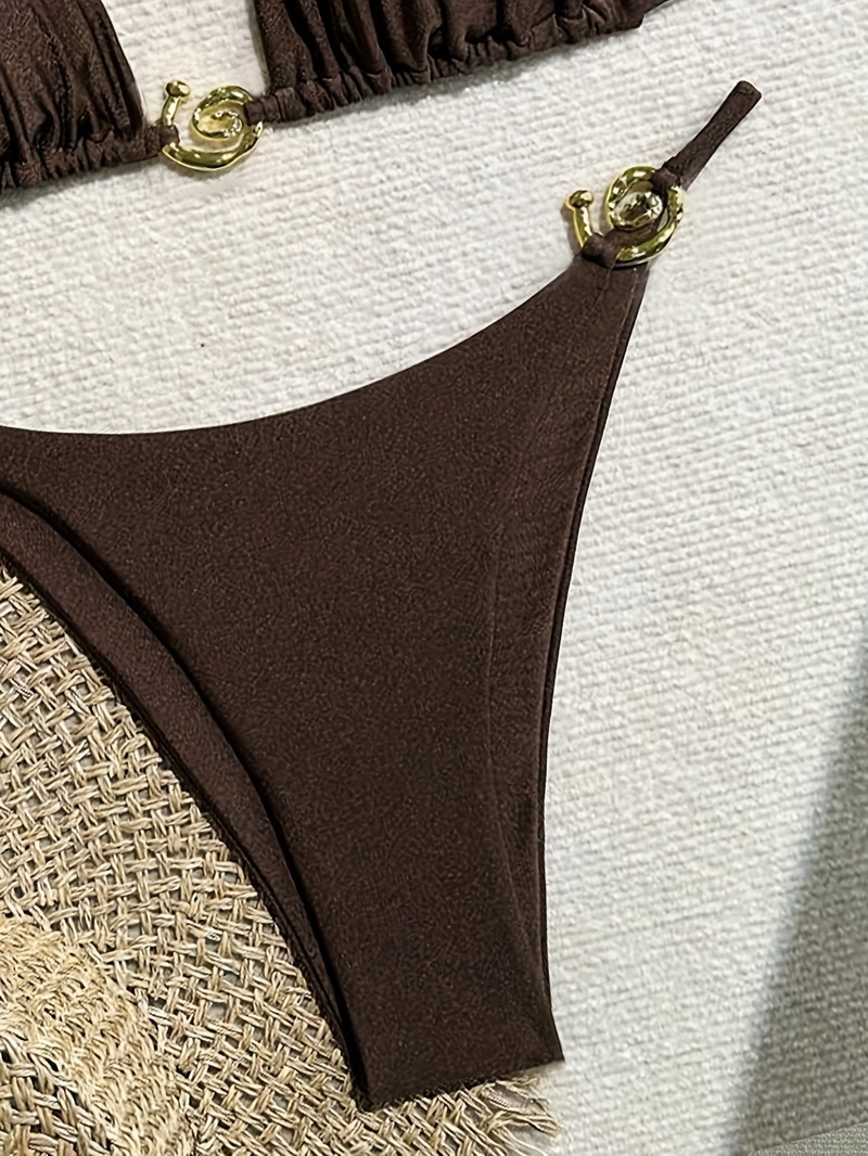2025 New European And American Bikini With Metallic Ring, Shiny And Sexy Solid Color Swimsuit