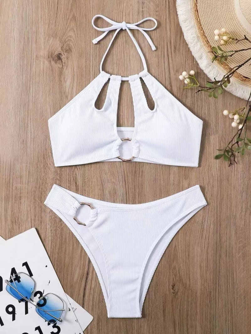 Sexy Halter Ribbed Bikini Set - Premium Solid Color Two-Piece Hot Seller