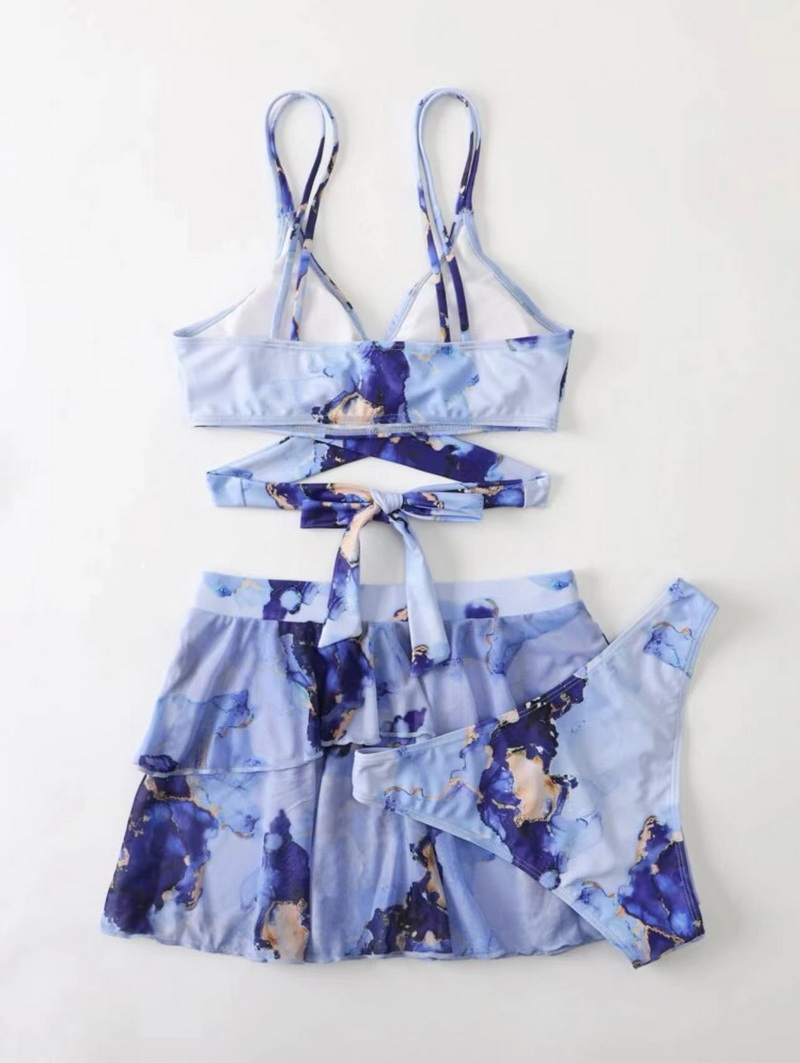 Sexy Marble Print Three-Piece Bikini Set - Beach Skirt Swimsuit