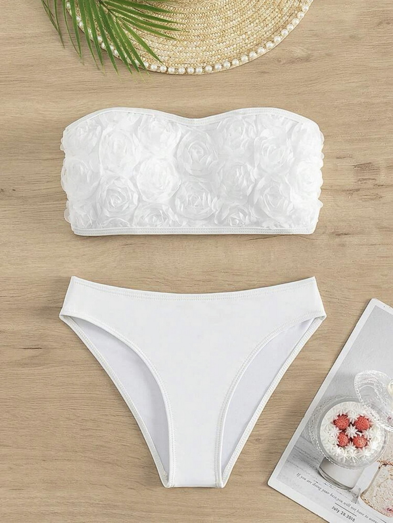 Sexy Solid Color Floral Bandeau Bikini - Women's Beach Swimwear Hot Seller