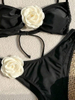 New European Bikini With Sexy 3D Floral Bandeau And High Slit Solid Swimsuit