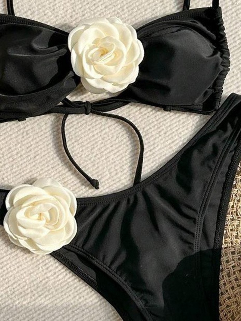 New European Bikini With Sexy 3D Floral Bandeau And High Slit Solid Swimsuit