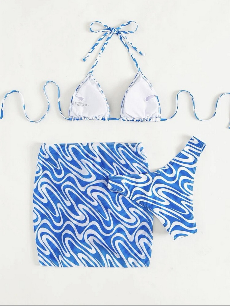 All-Over Print Triangle Bikini Set - Spaghetti Strap with Beach Skirt