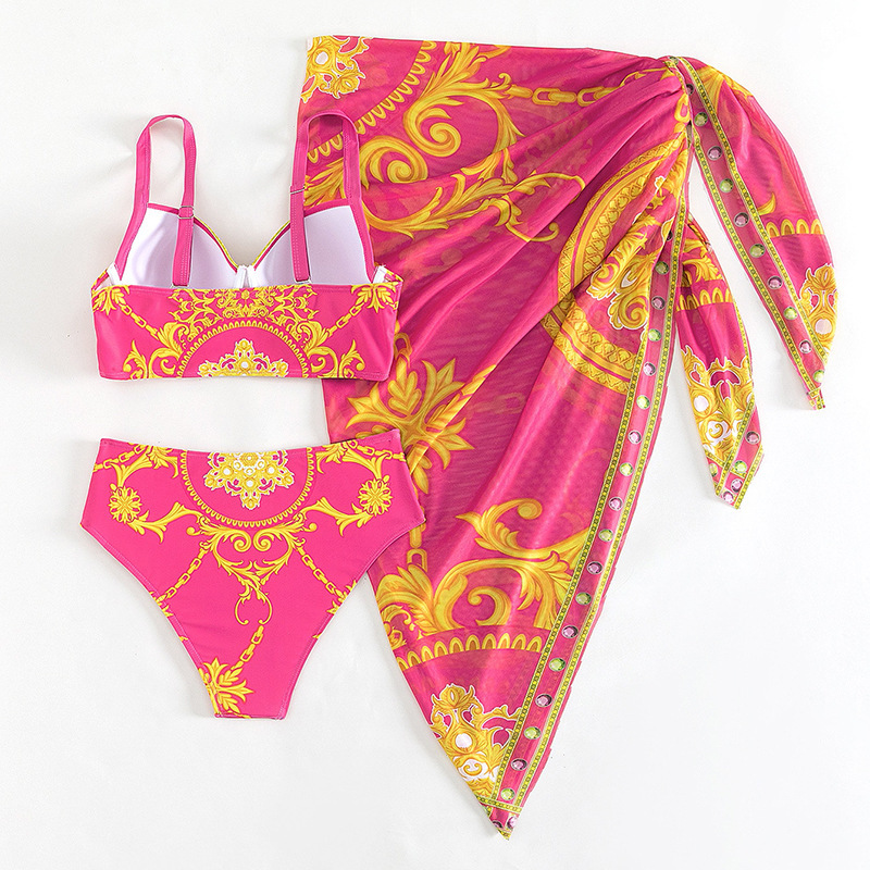 2025 Retro Print Mesh Tie Three-Piece Bikini Set European Style_9