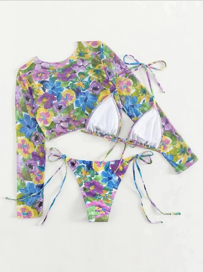 Sexy Three-Piece Long Sleeve Mesh Bikini Set - Sun Protection Beachwear