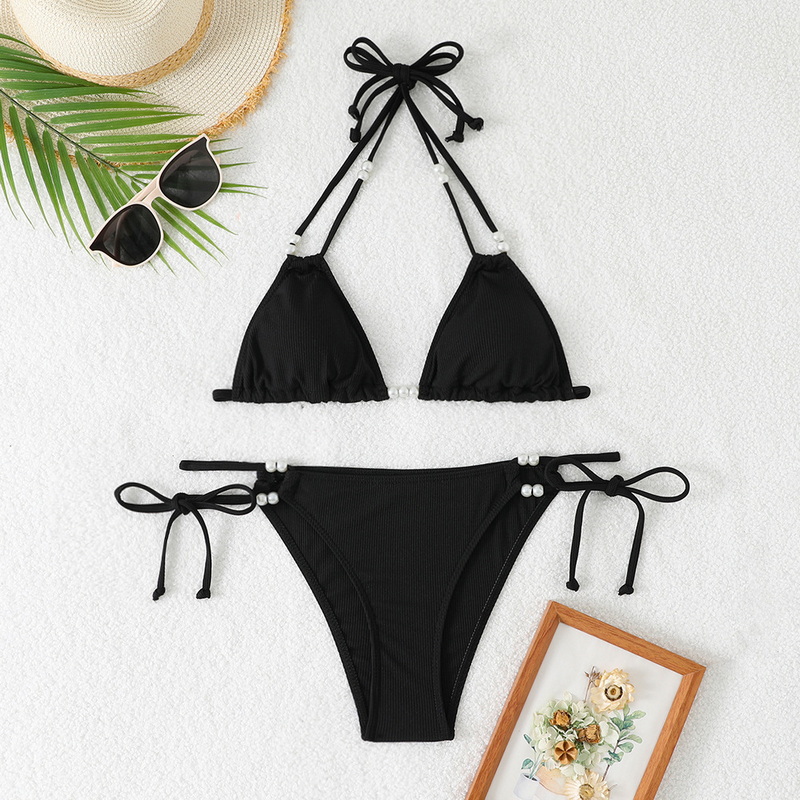 2025 Western Style Swimsuit &ndash; Solid Color Pearl Tie Sexy Bikini Set_11
