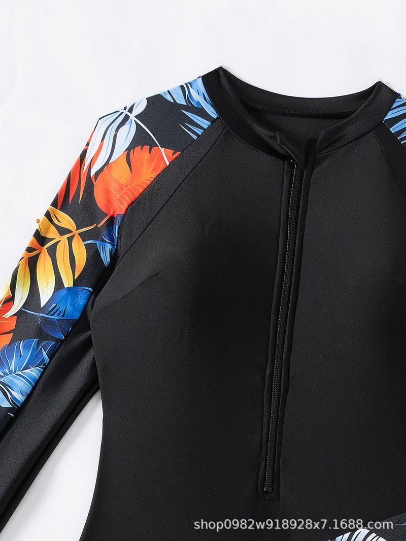 Custom European and American Women's Three-Piece Muslim Swimsuit Set with Front Zip Long Sleeve