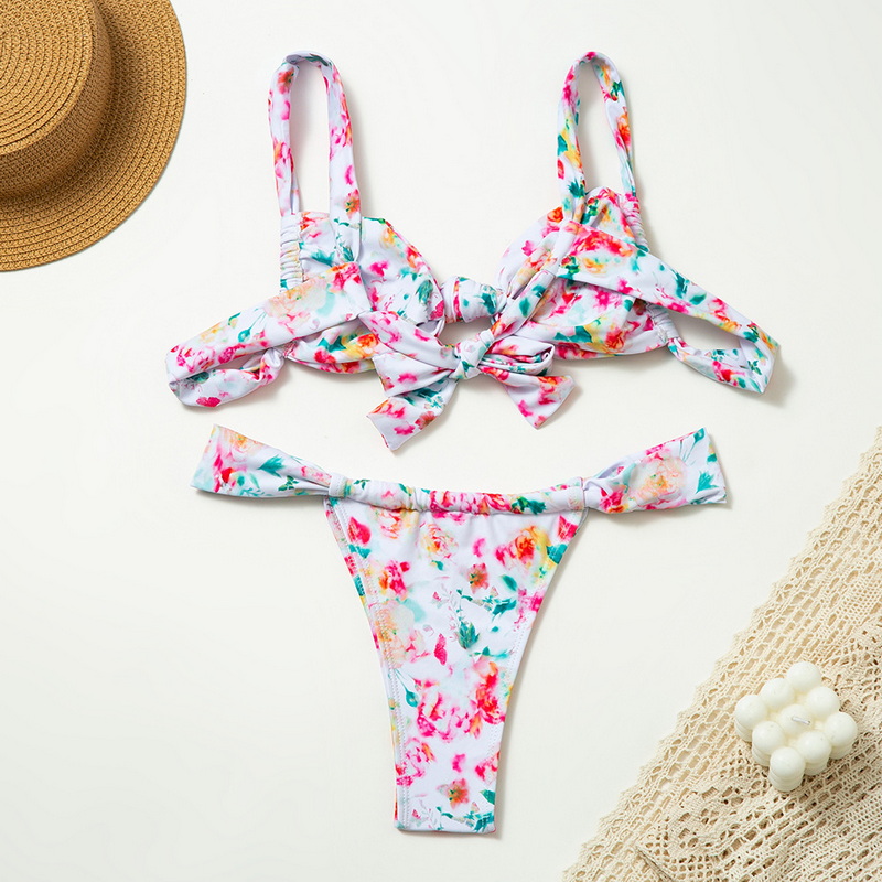 Floral Print Tie-Up Backless Bikini Two-Piece For Women European New