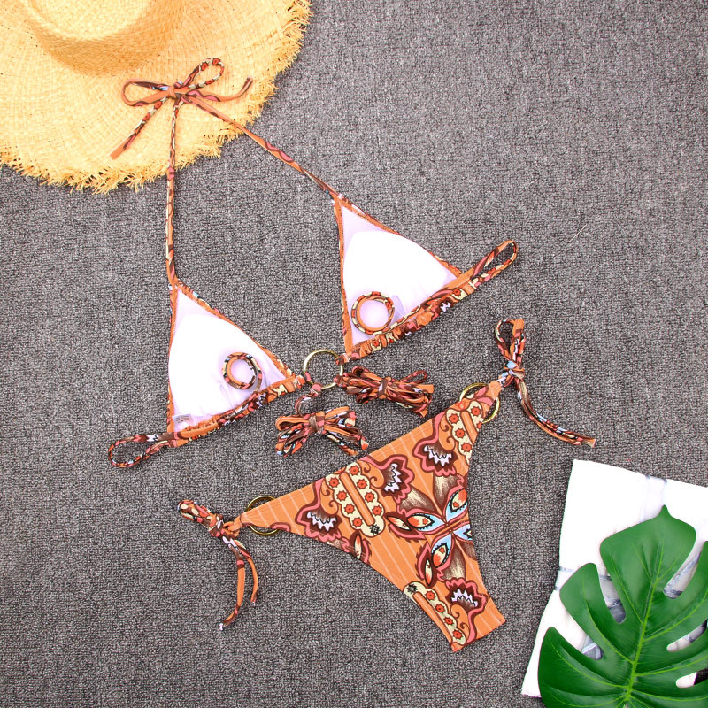 Metal Three-Ring Bikini Sexy Tie-Up Printed Two-Piece European Fashion_15