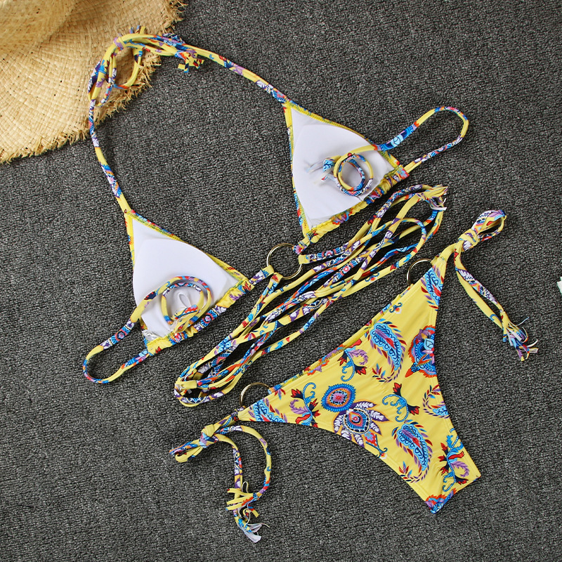 Three-Ring Tie Floral Lace Bikini Sexy Backless Two-Piece Swimsuit For Women_15