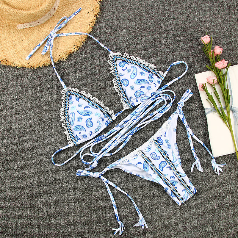 Printed Lace Trim Spliced Bikini Sexy Strap Tie Two-Piece Swimsuit European Style