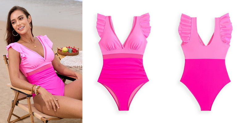 2025 New Mesh Stitching Solid Ruffle One-Piece Swimsuit Swimsuit Design_16