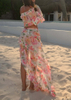 Sexy Floral Tie-Up Beach Skirt Set With Lace Trim Maxi Dress